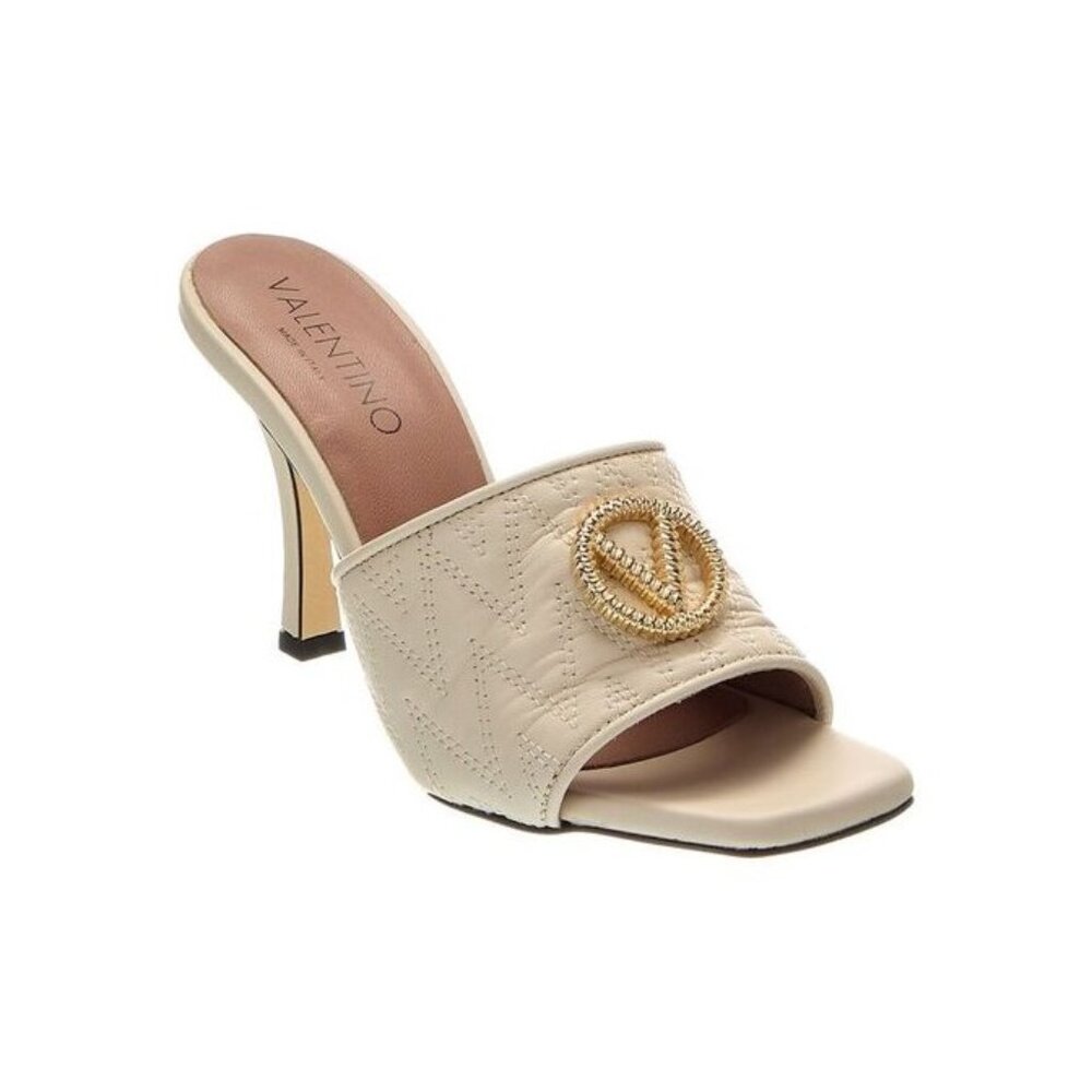 Valentino By Mario Valentino Cream Quilted Open-Toe Slide Heels with Gold Logo